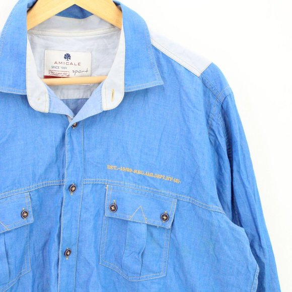 Amicale Shirt Mens Blue Button Down Long Sleeve Slim Fit Cotton Collared 2XL - Picture 2 of 9